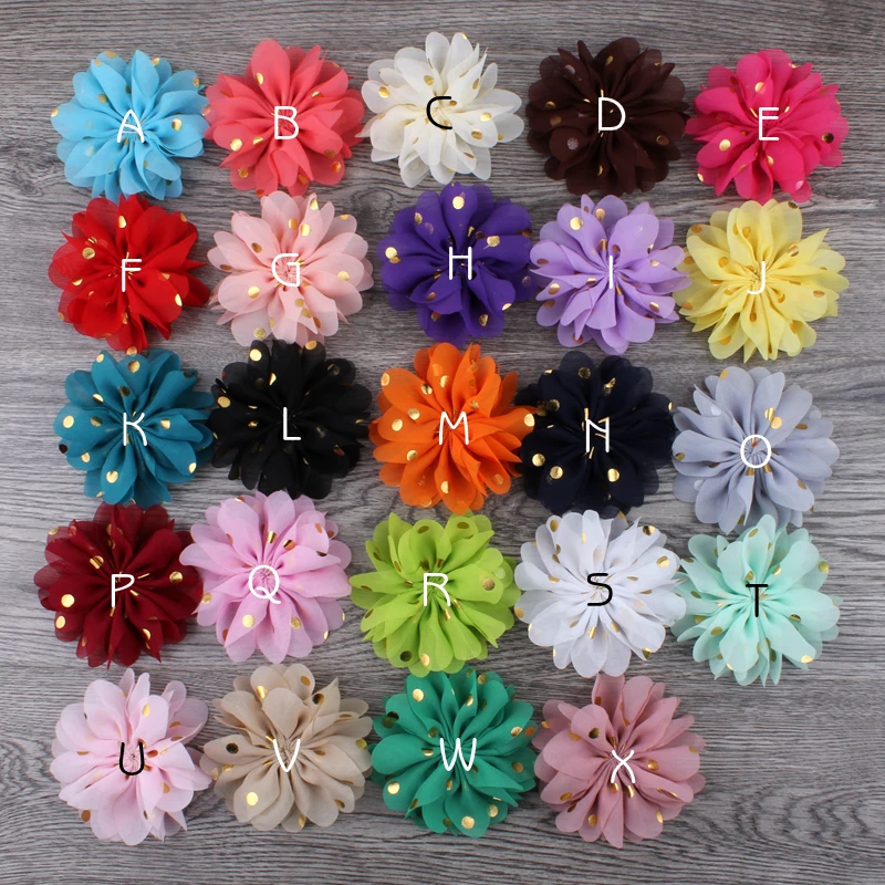 30pcs/lot 7.5cm 24colors Fluffy Ballerina Chiffon Ornaments Fabric Flowers With Gold Dot For Hair Accessories Decorative Gift