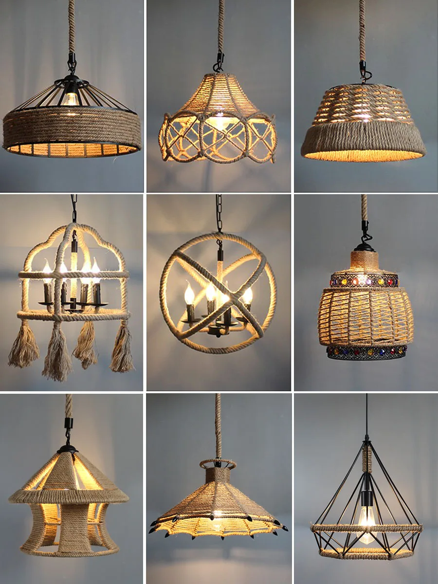 

Hemp rope pendant light retro creative personality art lampshade Chinese style antique outdoor bedroom LED restaurant lighting