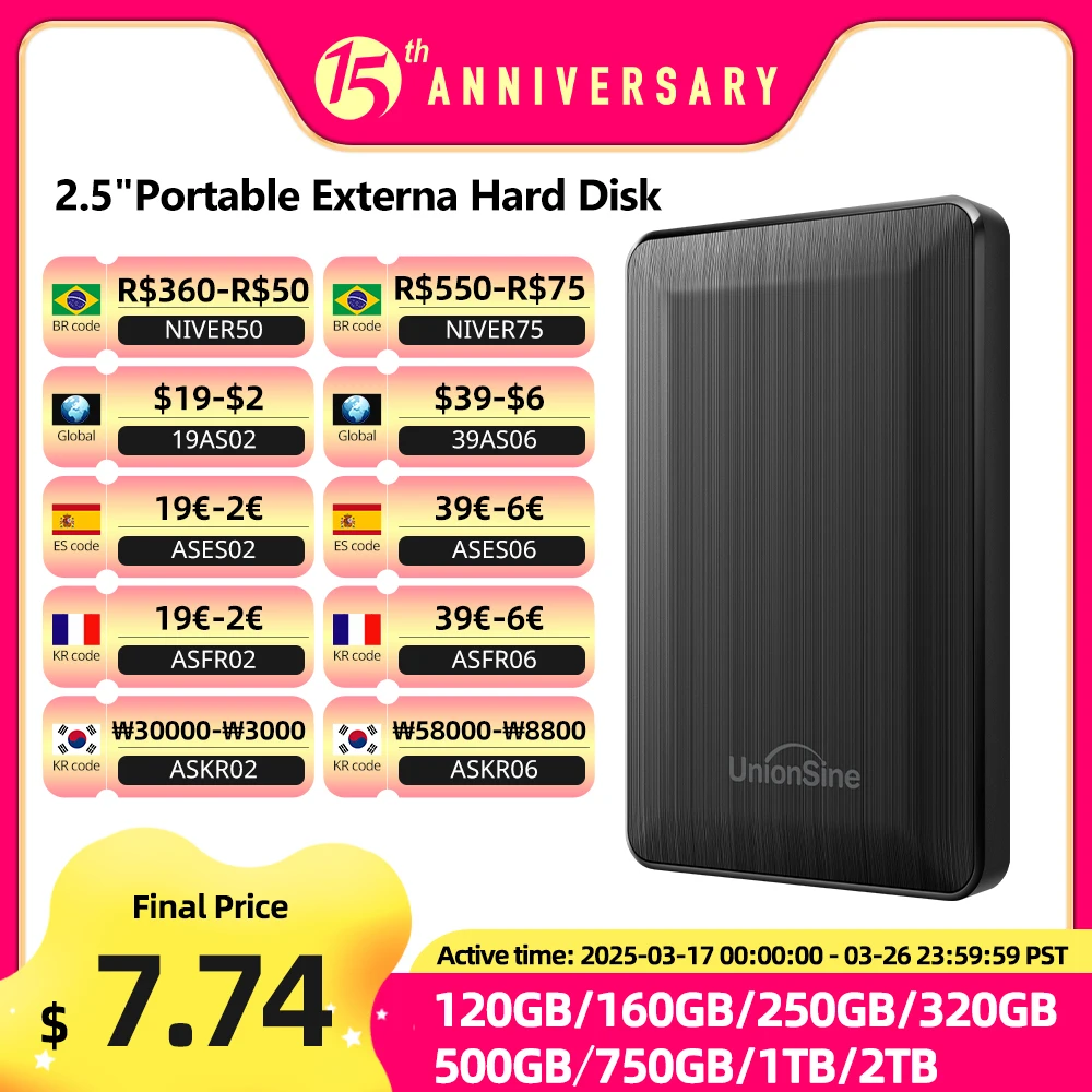 محرك الأقراص الصلبة الخارجي المحمول UnionSine HDD مقاس 2.5 بوصة بسعة 250 جيجابايت/320 جيجابايت/500 جيجابايت/1 تيرابايت وتخزين USB3.0 متوافق مع أجهزة الكمبيوتر الشخصية وMac وPS4 وسطح المكتب وMacBook