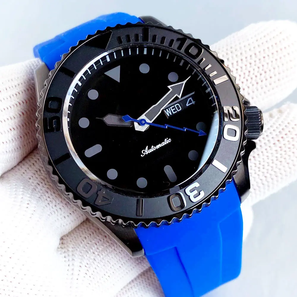 

Nologo 41mm Men PVD Black NH36A Movement Day Date Not Luminous 20BAR Diver Mechanical Watches Ceramic Bezel Blue Silicone Strap