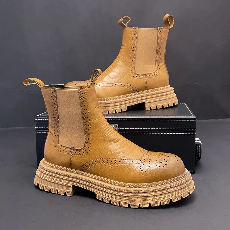 

Retro High-end Designer Men's Chelsea Boots Thick-soled Genuine Leather Ankle Boots Height Increase High Top Men Brogue Shoes