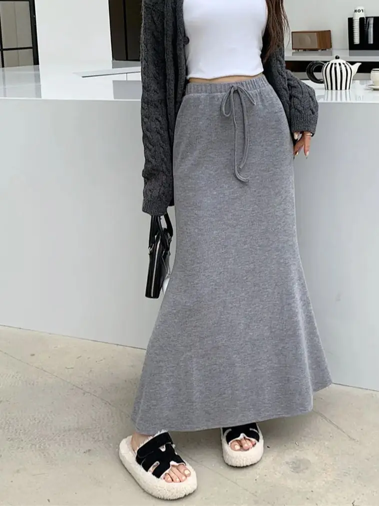 PLAMTEE 2024 Knitted Mermaid Maxi Skirts Women Autumn Bodycon Chic Slim New Daily High Waist Streetwear Elegant Solid Casual OL