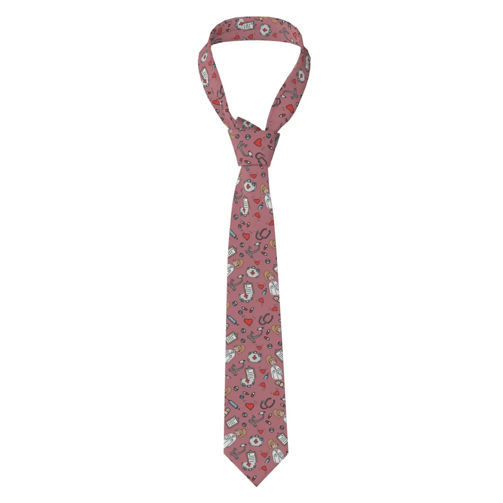 Dusty Red Medical Themed Print Necktie, Cartoon Nurse Pattern Neck Tie Gift for Nurse Graduation Birthday Medical Staff Present