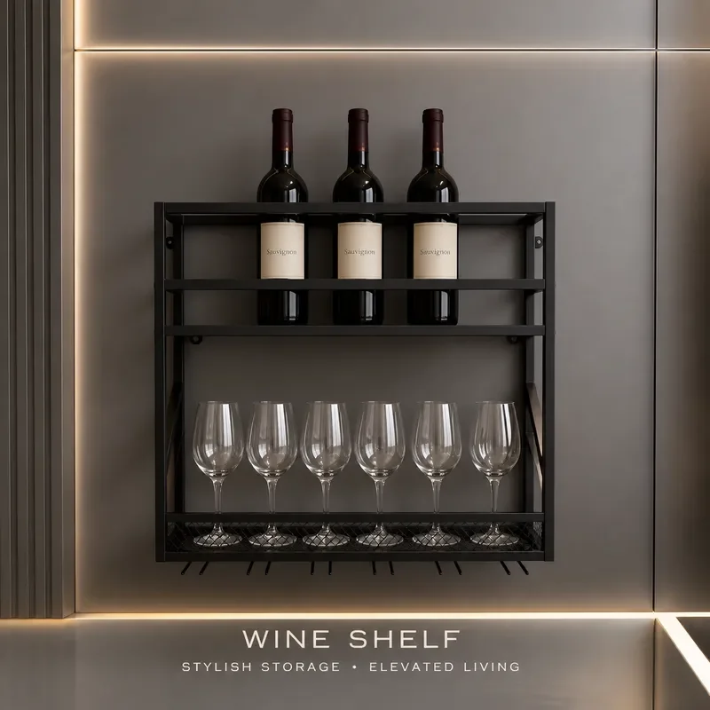 Wall Mounted Wine Rack Red Wine Display Shelf Cabinet with Upside Down Glass Holder Storage Organizer for Home Bar Kitchen