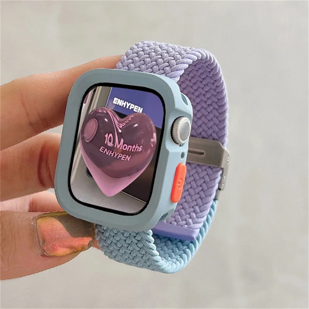 Korean Cute Braided Strap + Case For Apple Watch Band 44 40 45 41 49 MM Elastic Nylon Bracelet For iWatch Series 9 8 SE 7 6 5 4