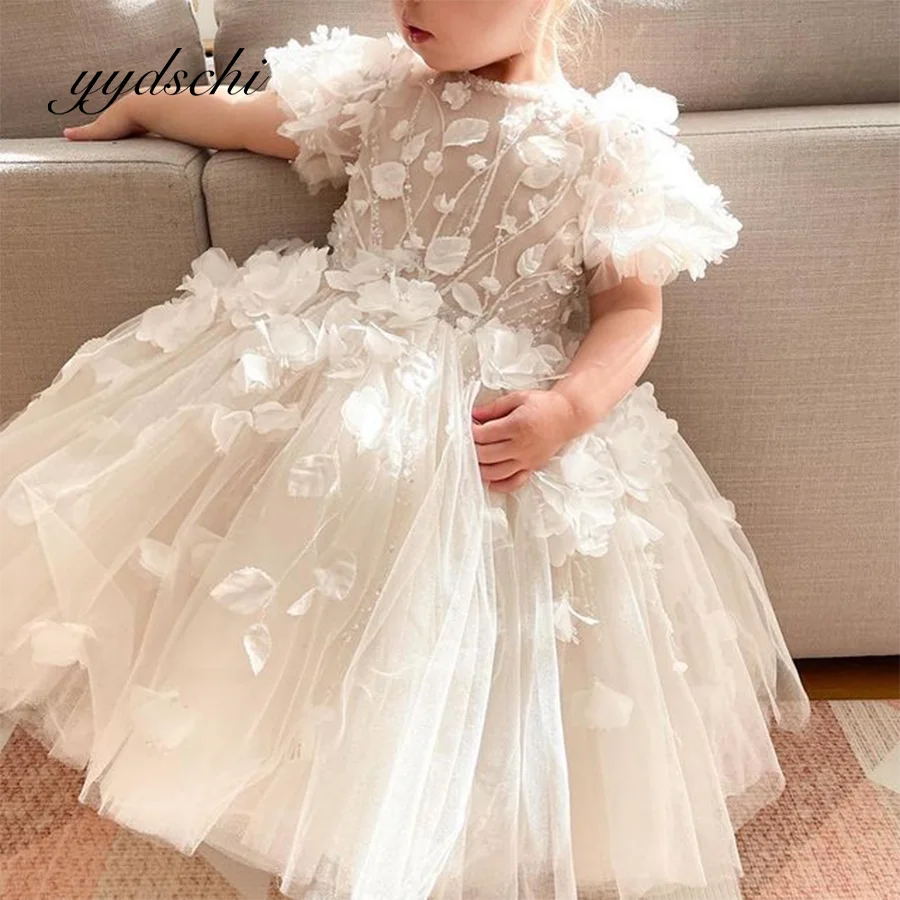 Customized White Flower Girl Dresses Birthday LSweetheart Short Sleeves Ball Gown Knee Length Kids Fluffy Princess Dress 2024