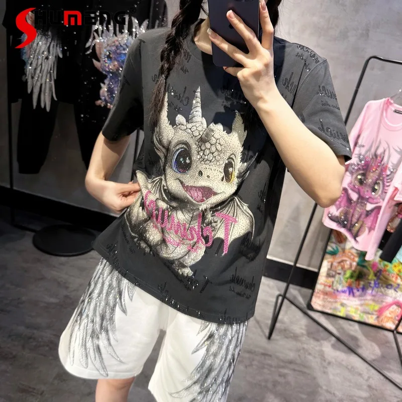 Summer Luxury Rhinestone Gray Tees Cartoon T-shirts Men's And Women's Full Diamond Fashion Letters Personality Short Sleeves Top