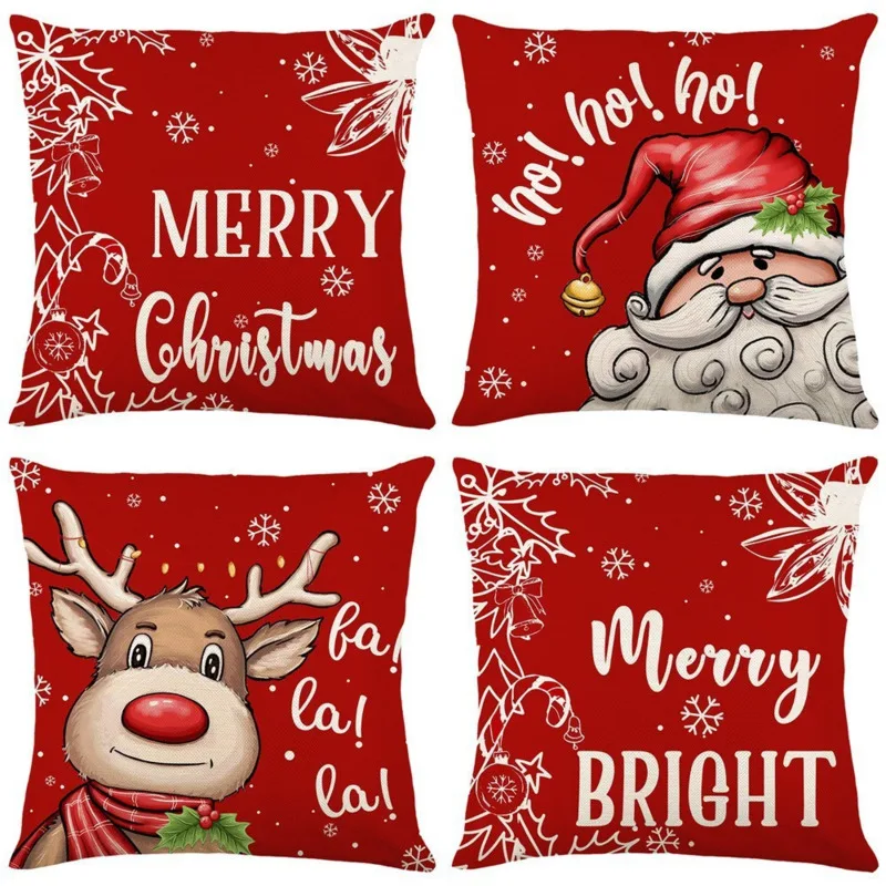 Feliz Natal Santa Capa de Almofada, Fronha, Fronha, Cama, Sofá, Decoração de Festa, Ano Novo, 4Pcs, 2024