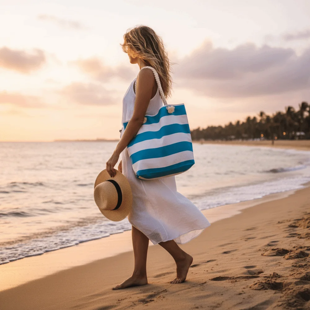 Striped Beach Tote Bag Large Capacity Foldable Travel Handbag Zipper Canvas Shoulder Bag For Travel Work Beach Gym Store