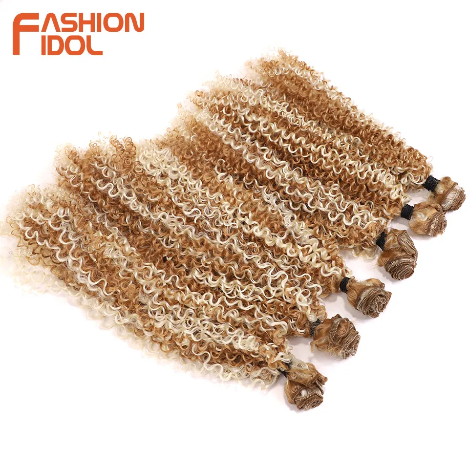 FASHION IDOL Afro Kinky Curly Hair Extensions 12-14 inches 6PCS 260g Synthetic Hair Bundles Blonde Weave Fake Hair