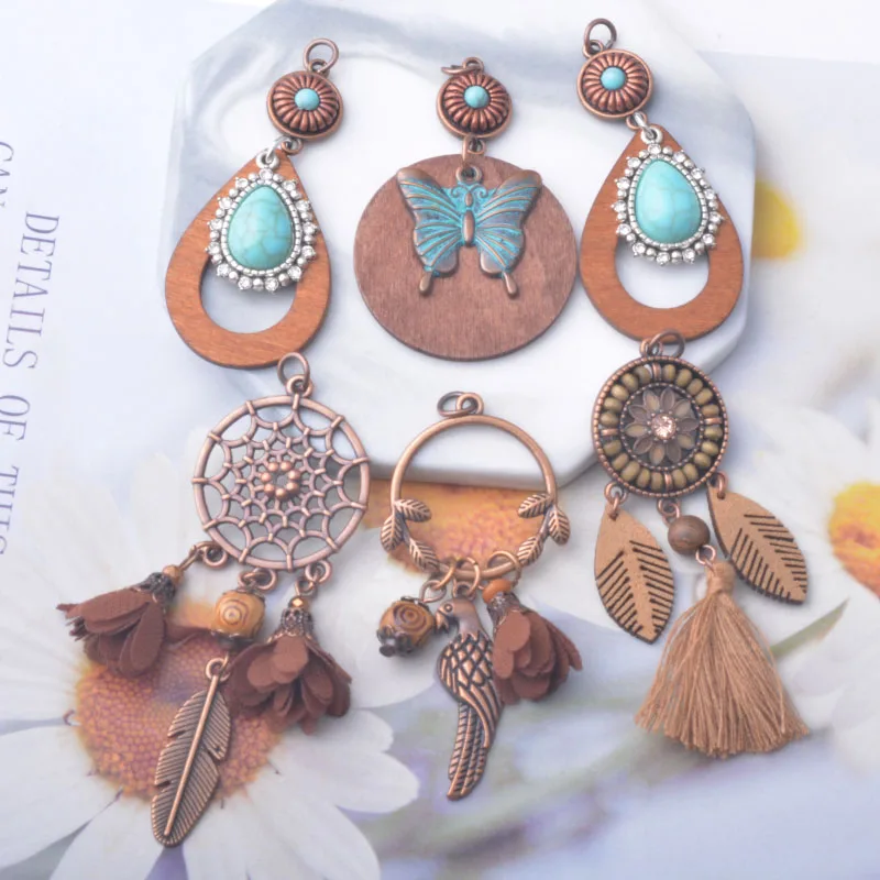 4 Stück Bohemian Herbst- und Winter-Stil Kaffee-Quasten-Ohrringe Traumfänger-Vogel-Stimmungsanhänger DIY Damen-Ohrringe Halskette – Detail 5