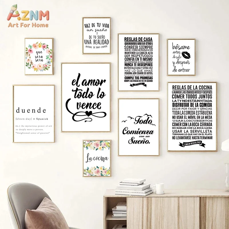 AZNM Spanish Motivational Quote Canvas Wall Art Simple Black White Inspirational Text Home Living Room Unframed Canvas Decor Pos