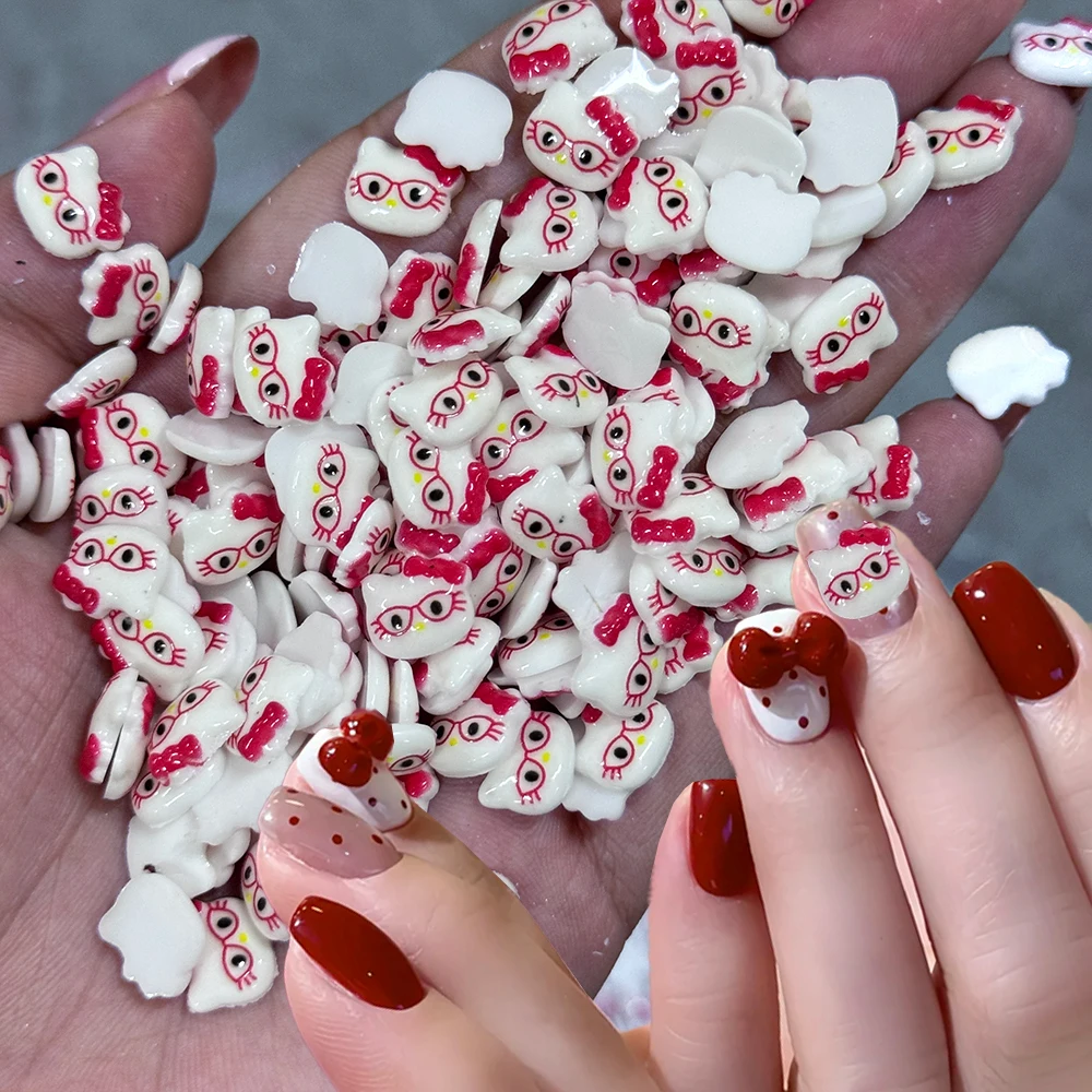 

50Pcs Red Glasses Hello Kitty 3D Nail Charms Y2k Cute Mini Cartoon Wearing Glasses Cat Resin Nail Parts for DIY Crafts Nail Deco