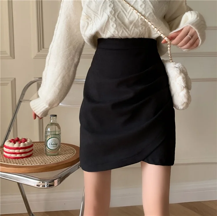 

Черная асимметричная юбка А-силуэта с высокой талией для женщин больших размеров, осенне-зимняя, укороченная, с эффектом похудения