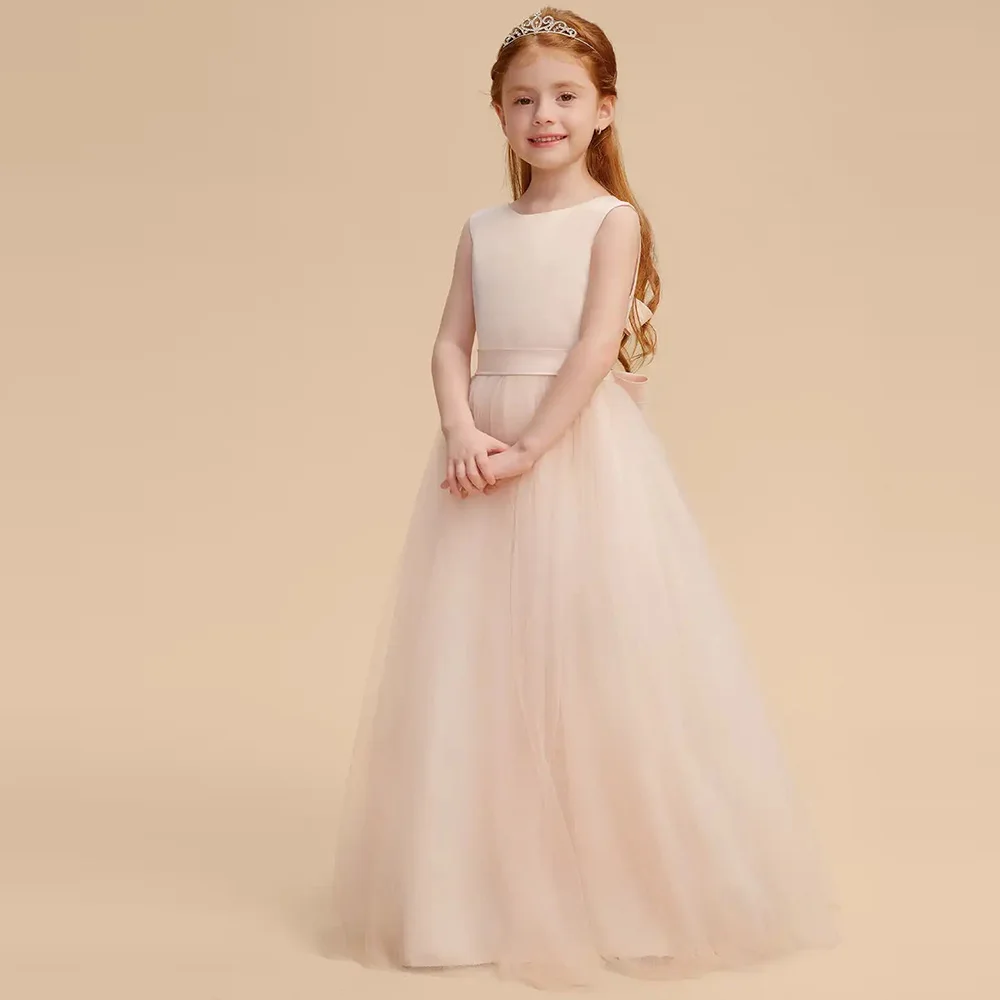 Customized Apricot Tulle Flower Girl Dresses With Bow O Neck A-Line Wedding Party Dress Princess Birthday Gowns 2027