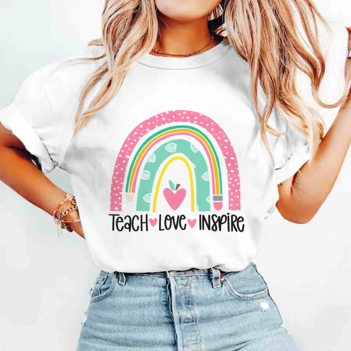Teach Love Inspire T Shirt Teacher Life Appreciation T-shirt Tops Short Sleeve Tee Teacher Life Casual School Wear Tops & Tees