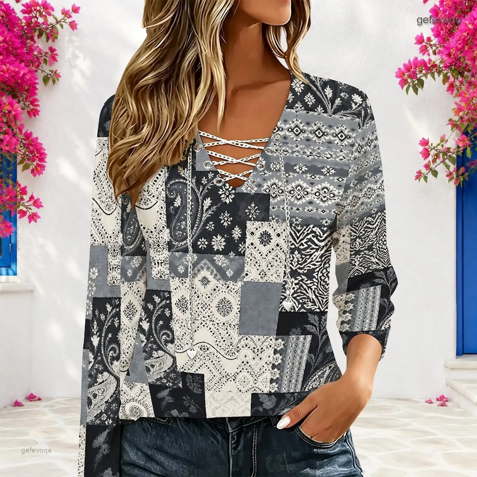 Women Black Grey Off-white Patchwork Paisley Ethnic Geometric Printed V Neck Lace Up Long Sleeve Top