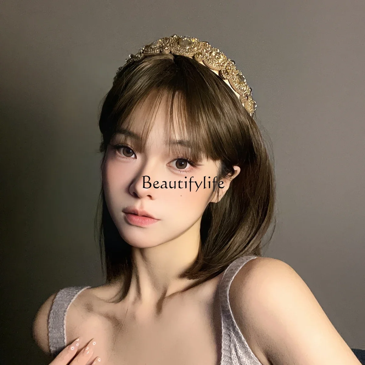 

French gemstone zircon medieval coffee color full diamond headband light luxury high sense headgear retro