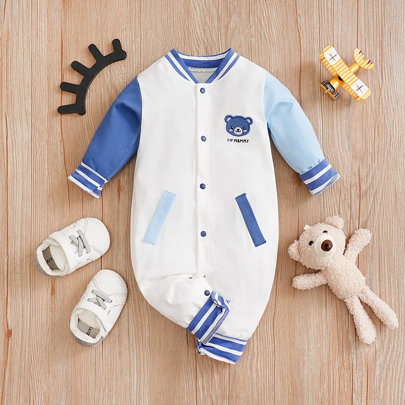 Newborn Baby Clothes Blue and white bear pattern Cotton Long Sleeve fashion casual Toddler Boy Clothes Kids Jumpsuit Pyjama