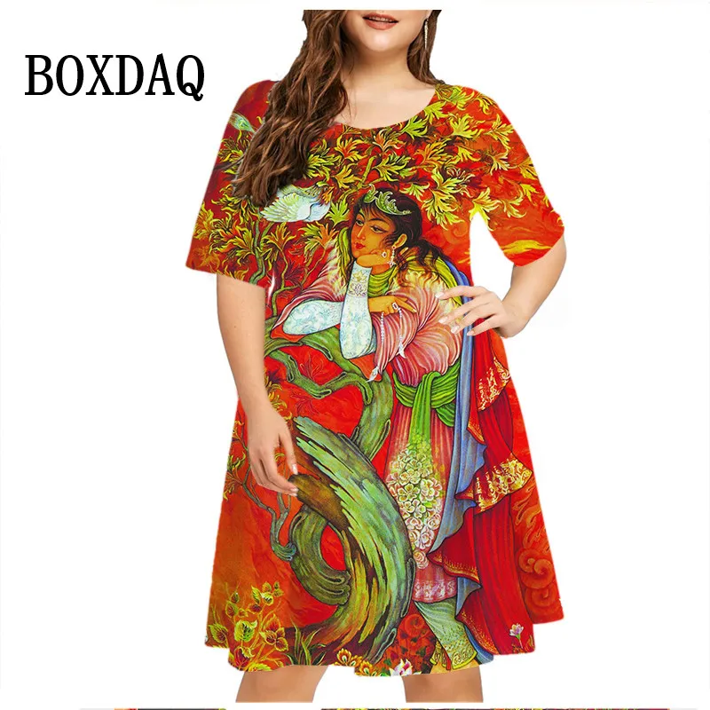 2024 Summer Retro Oil Painting Dress Women Tie Dye 3D Print Short Sleeve Oversized Dress Casual O-Neck Loose Plus Size Dresses