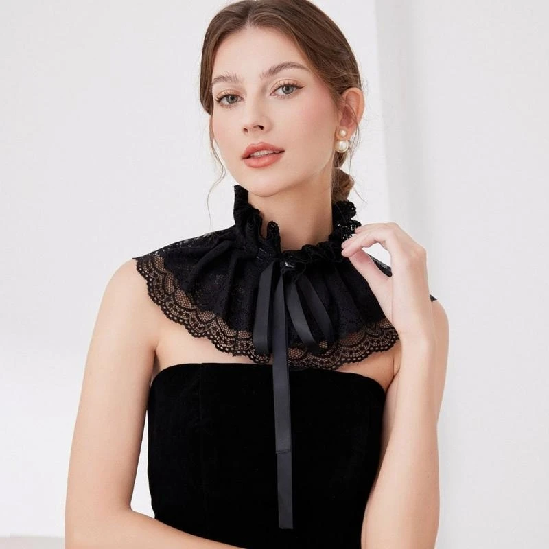 

652F Elegant Ruffled Lace Detachable False Collar Victorian Vintage Neck Ruff with Ribbon Pleated Shawl Capelet for Women