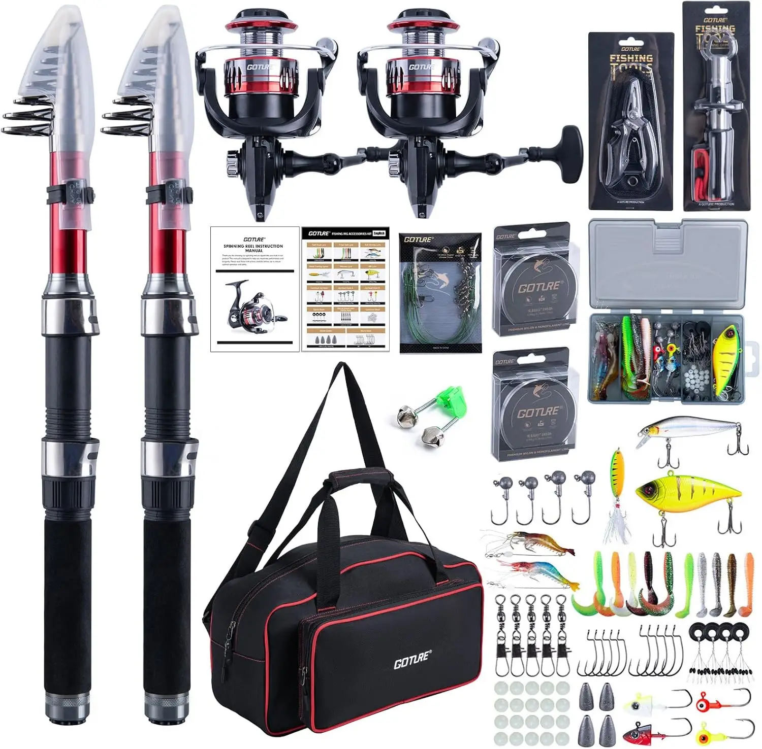 

Fishing Rod and Reel Combos-2PCS Telescopic Fishing Pole+2PCS Pre-Loaded Spinning Reels with Carrier Bag,1.8M-2.7M Telescopic Ro