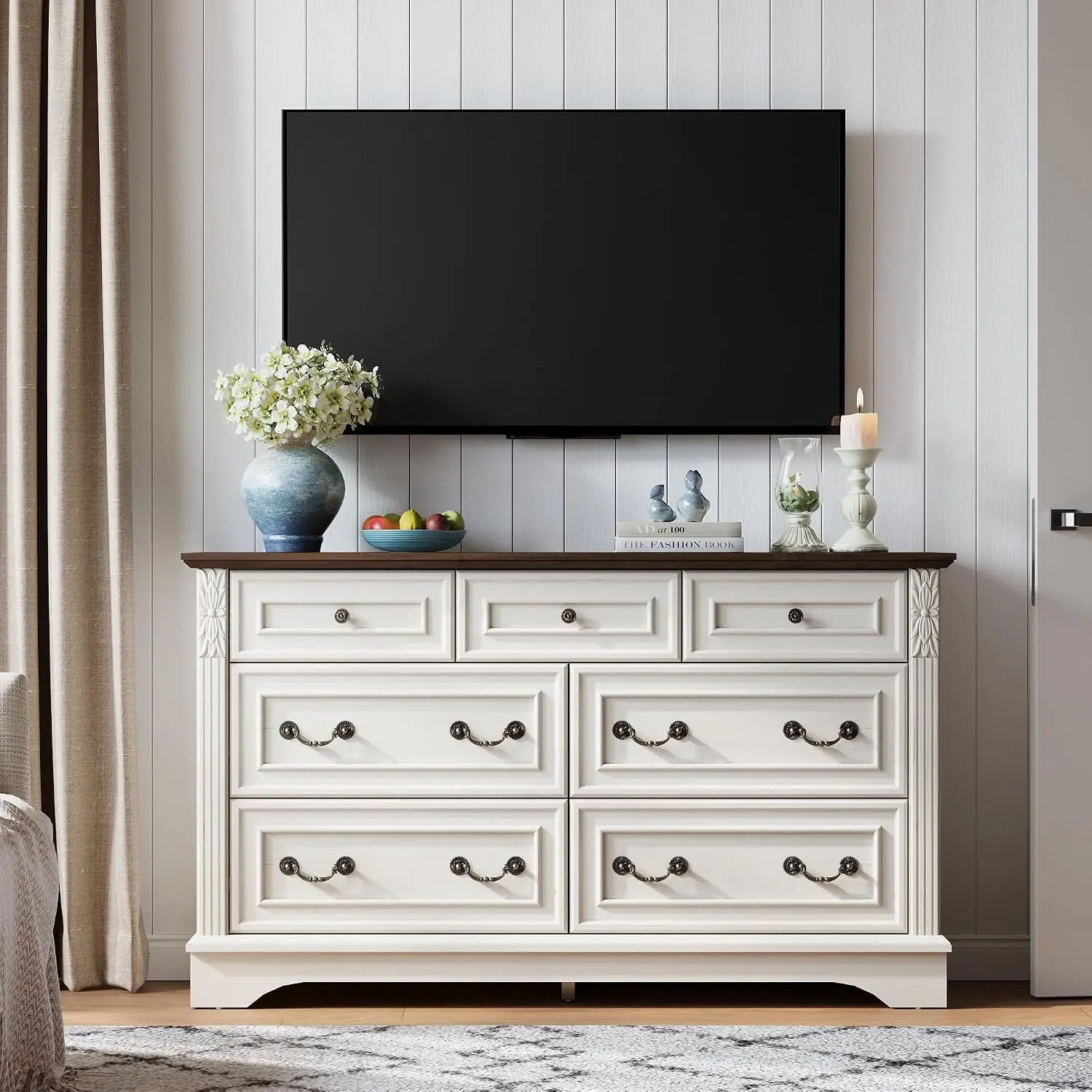 Antique White Dresser for Bedroom, Farmhouse 7 Chest of Drawers Cabinet Organizer with Carved Design, Customized