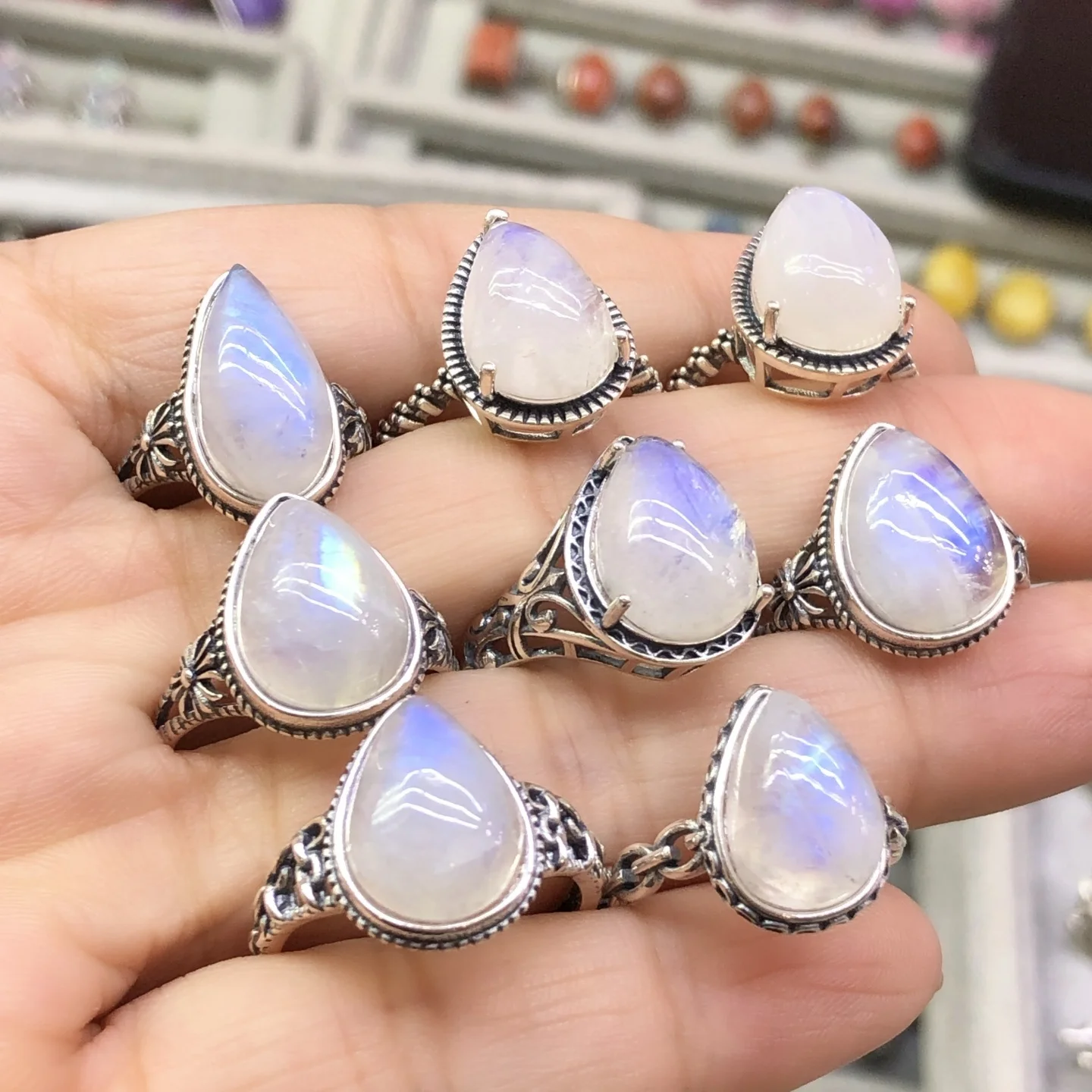 1 Pc Fengbaowu Natural Blue Moonstone Ring Water Drop Ring 925 Sterling Silver Resizable Fashion Jewelry Gift Women
