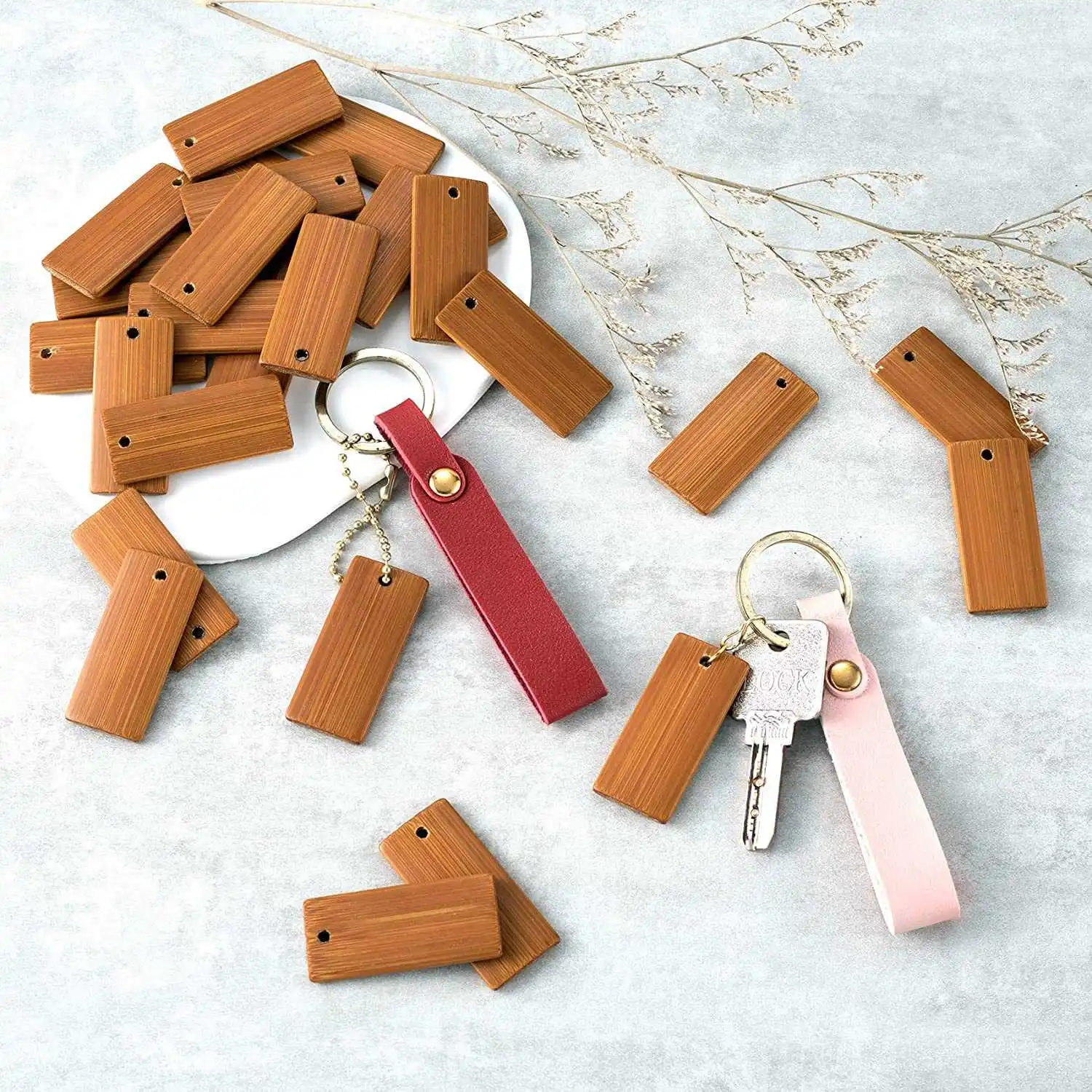 100Pcs 45X20Mm Rectangle Wooden Tags for Keychain Rings, Bamboo Unfinished Wood Key Ring Tag