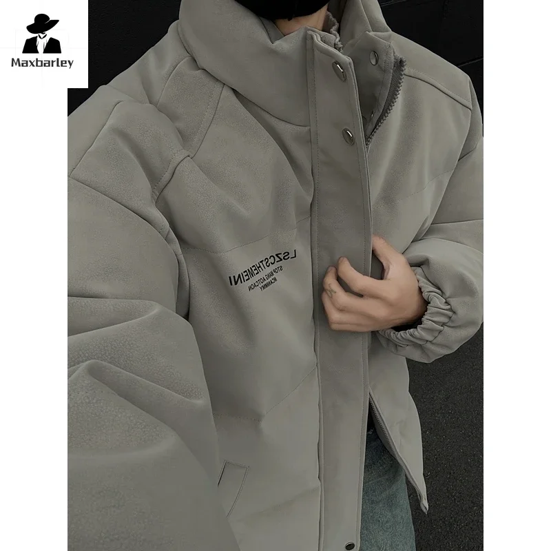 Chaqueta de invierno para hombre 2025 Harajuku, Parka gruesa y cálida con solapa de piel de venado a la moda, chaqueta acolchada a prueba de viento de estilo coreano informal para hombre