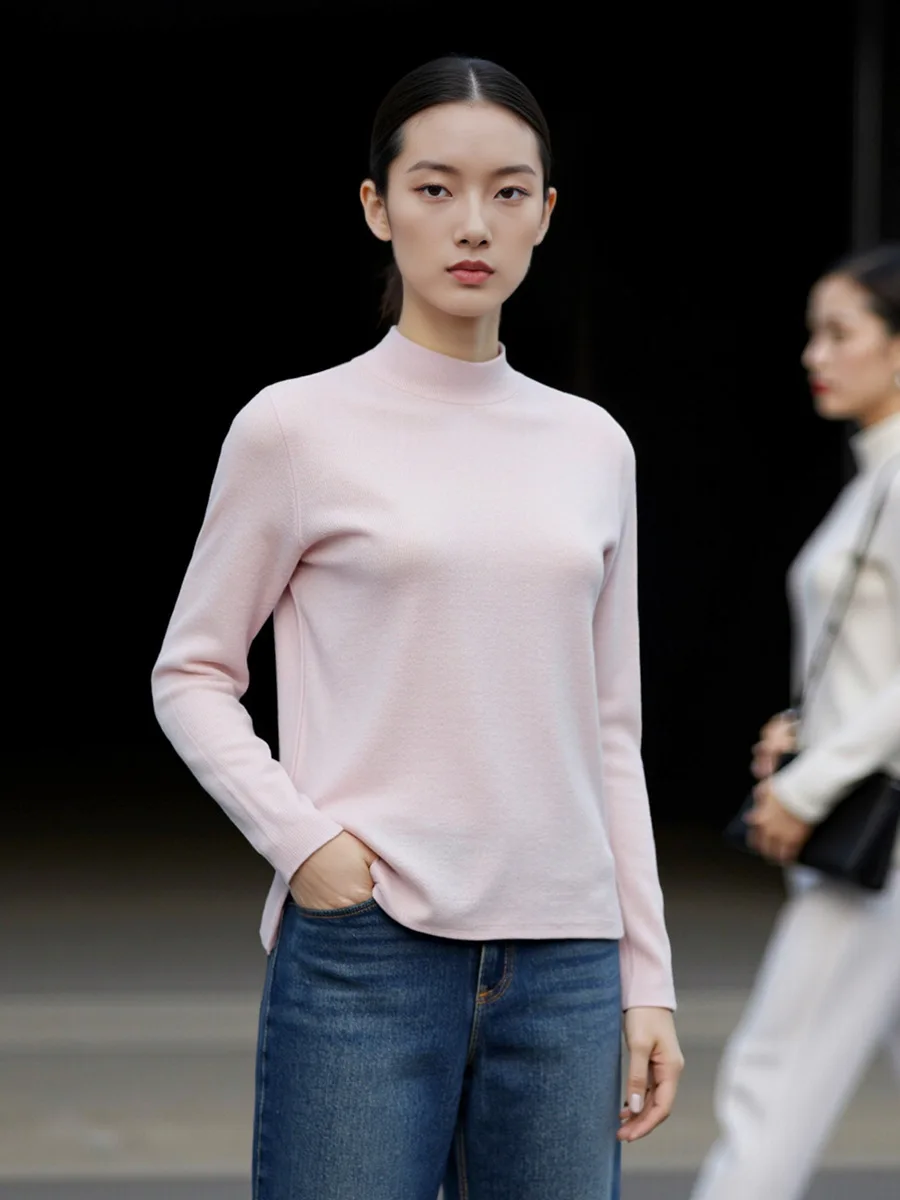 Birdtree، قميص داخلي صلب 100% من الصوف الخالص، قميص نسائي محبوك برقبة وهمية، بلايز بأكمام كاملة، مناسب للجسم، شتاء 2025 جديد T5D523JF