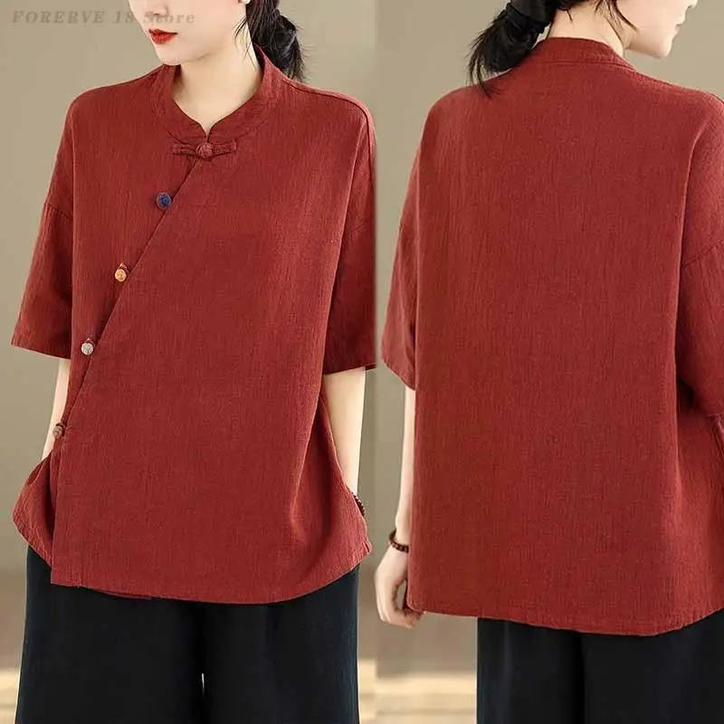 女性赤リネンコットントップス中国風斜め前立てカエルボタン半袖-tシャツヴィンテージ禅茶シャツカジュアル服