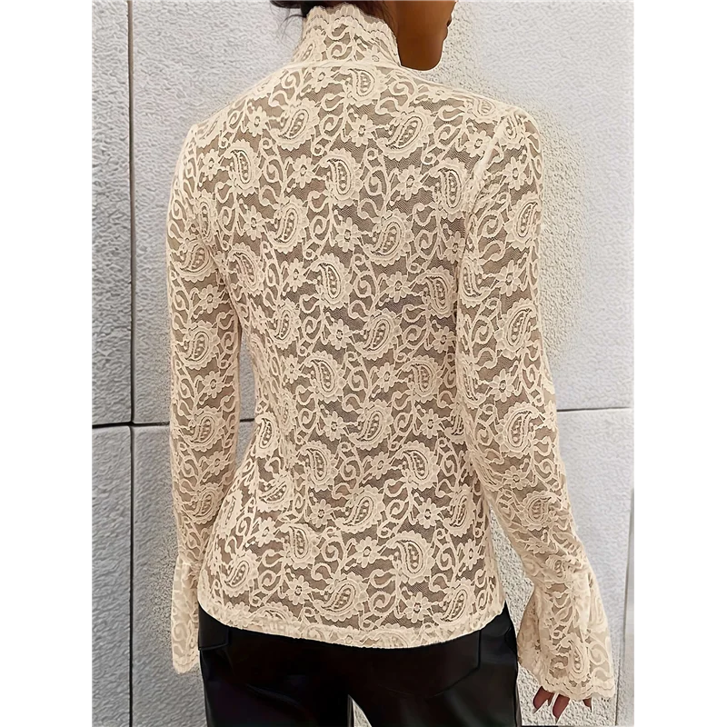 

CGS-Womens Lace Tops Sheer Long Sleeve Tops For Women Casual Dressy Blouse Shirt