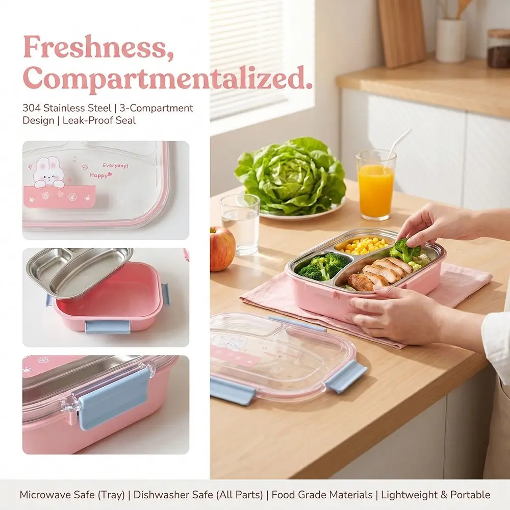 304 Stainless Steel Insulated Lunch Box Food Grade Sealed Leak-Proof Cute Lunch Container 3 Compartment Microwave Safe