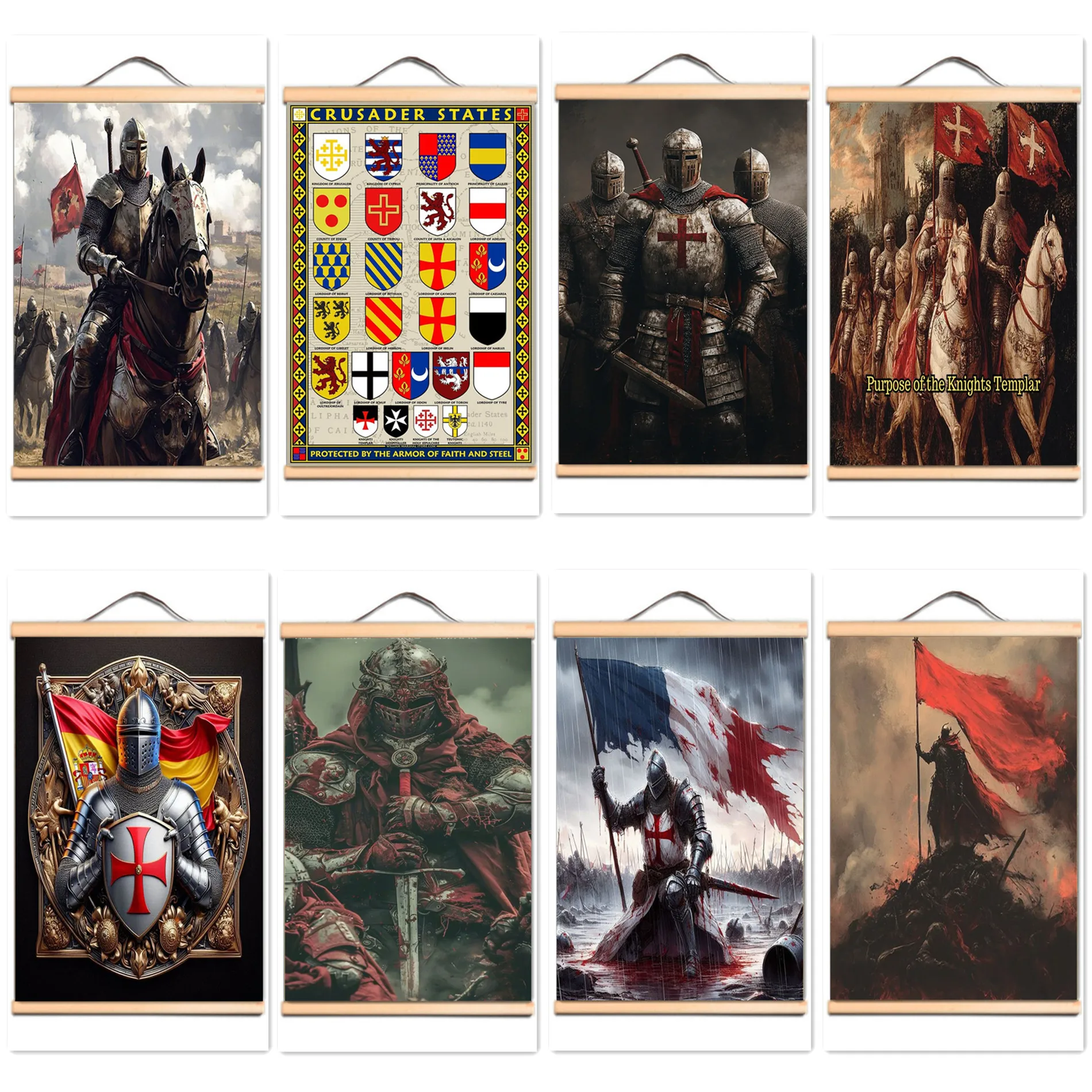 Fun Christian Crusaders Posters Wall Art Prints Vintage Templar Knights Canvas Scroll Painting with Solid Wood Axis Wall Charts
