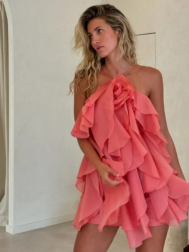 2025 Women Stacked Ruffle Mini Dress Sexy Sleeveless Backless Lace Up Halter Short Dresses Summer Lady Solid Beach Vestido