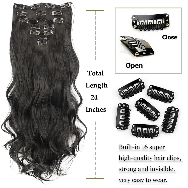 16 Clips 7Pcs/Set Hair Extensions Long Wavy Hairstyle Natural Synthetic Black Blonde Hairpieces Heat Resistant For Women