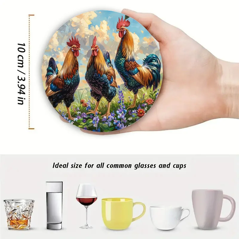 Rooster-printed coasters, suitable for daily family gathering decoration, offices, anti-slip wooden coasters, and festival gifts