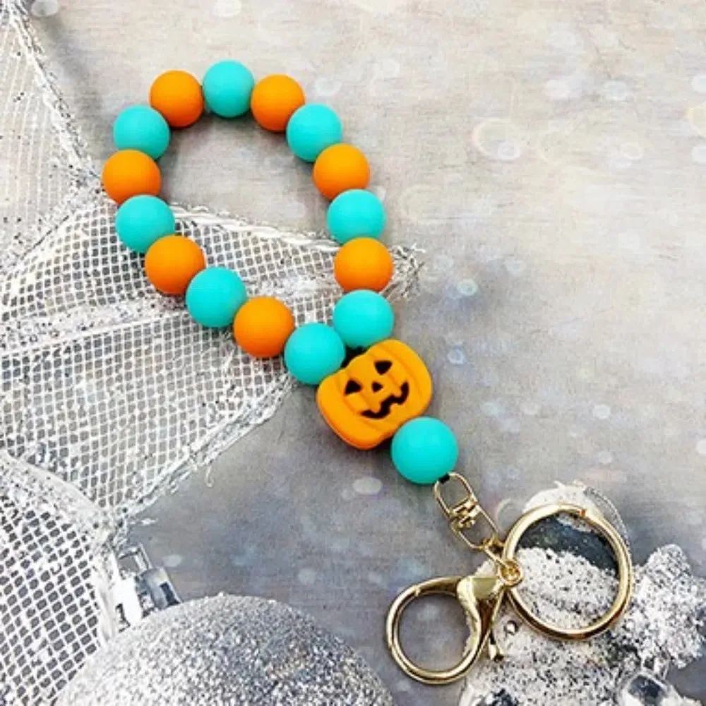 Pumpkin Luminous Ghost Keychain Fluorescent Anti-Loss Beads Keyring Car Bag Decor Ornaments Lanyard Wrist Strap Men Women