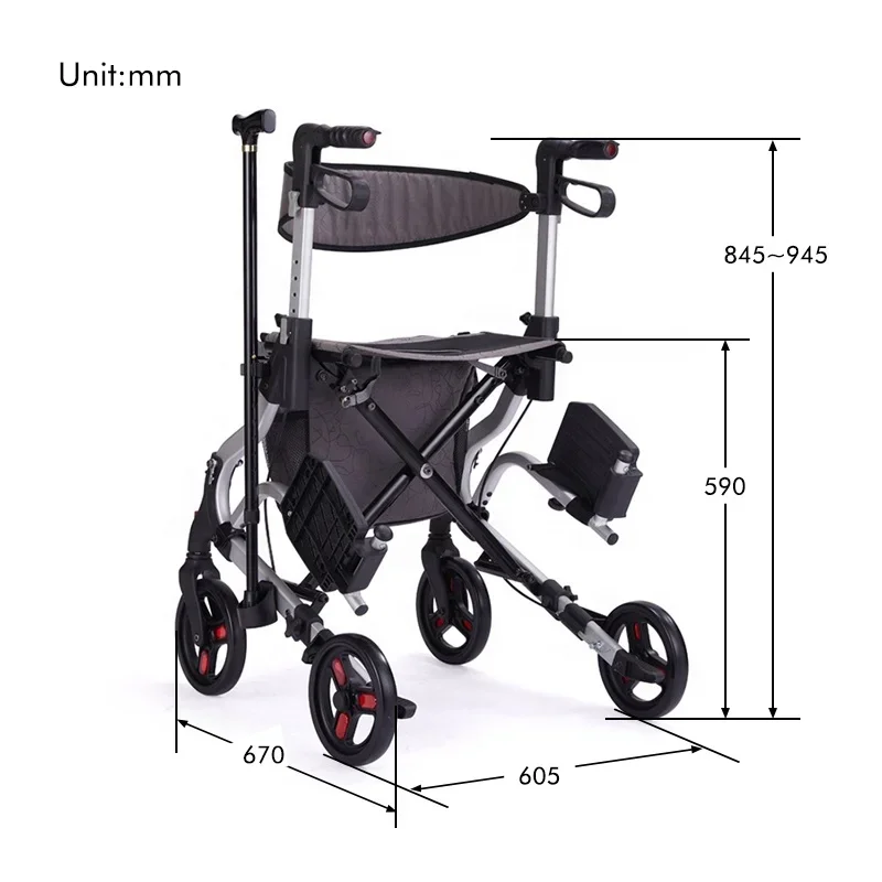 Aluminum Portable Convenient Rollator Height Adjustable Transport Chair With Footrest Seat For Handicapped