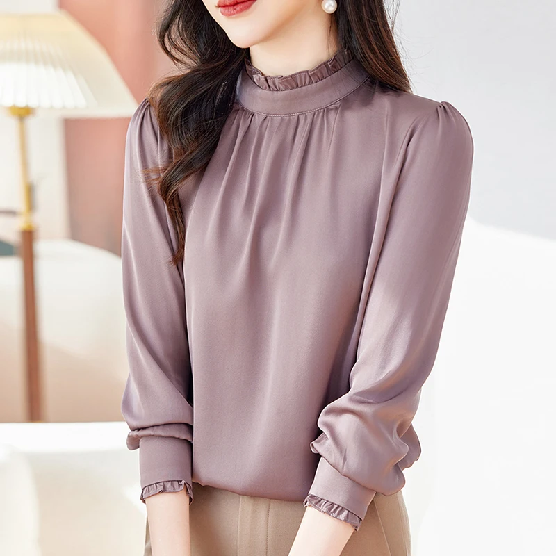 

New Elegant Shirts Vintage Blouses for Women Spring Autumn Women's Solid Shirt Long Sleeve Tops Office Lady Real Silk Blouse