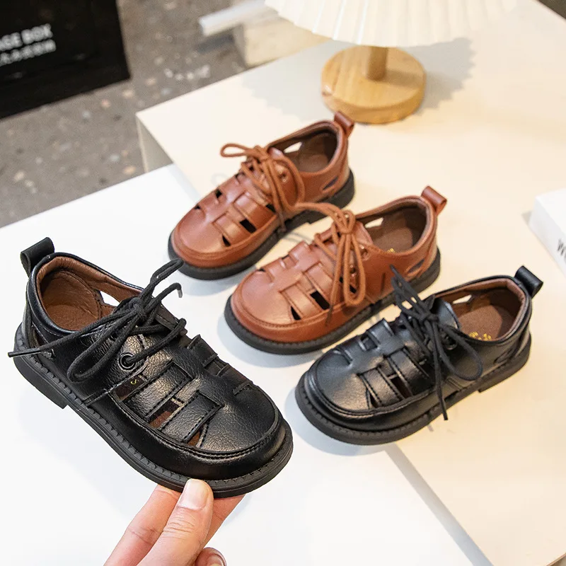 2025 New Boys Leather Shoes Simple Hollow-out Children Fashion Flat Shoes Trend School Non-slip Kids Causal Uniform Shoes Black