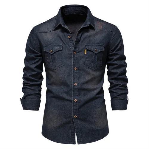 Camisa vaquera de manga larga para hombre, ropa de calle ajustada informal elástica de algodón de alta calidad, camisas de vaquero negras para primavera