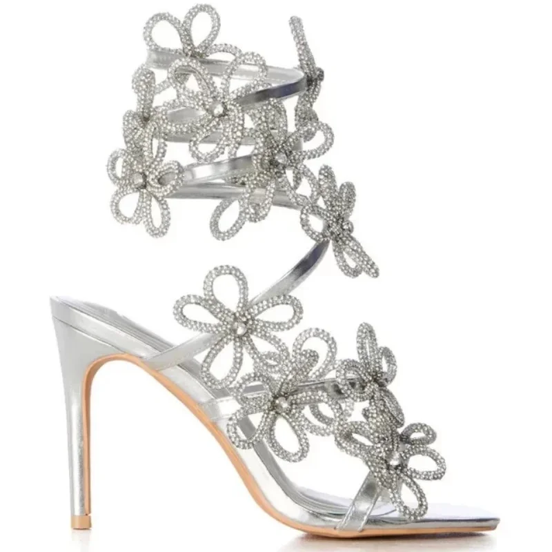 Women's Silver Crystal Floral Spiral Wrap Pointed Toe Stiletto Heel Sandals Ankle Wrap Elegant Ladies Weddings Nightclub Shoes