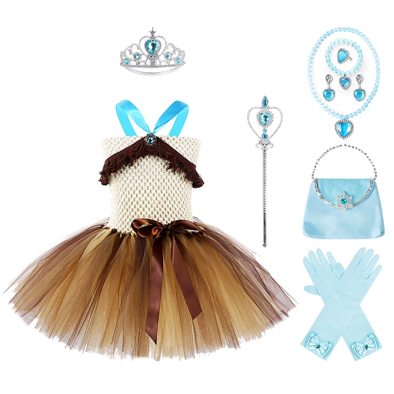 Moana And Pocahontas Princess Dress Crown Magic Wand Bag Glove Necklace Bracelet Ring Earring Set Princess Party Cosplay Costume