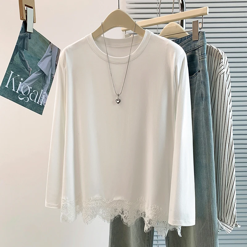 Autumn New Style Korean Design Lace Splicing Versatile Youthful High-End Base Layer Outerwear T-shirt Ladies Cotton Linen Lon...