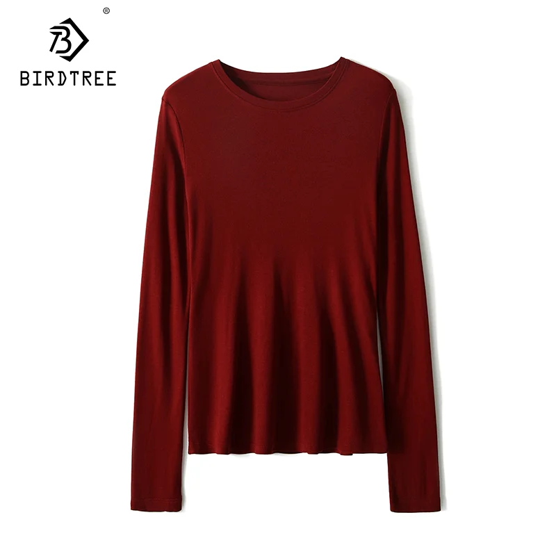 

BirdTree-5.3%Mulberry Silk, Elegant Knit T-Shirt For Women, Long Sleeve, Soft Comfortable, Commute OL Top, Fall Winter T40311QM