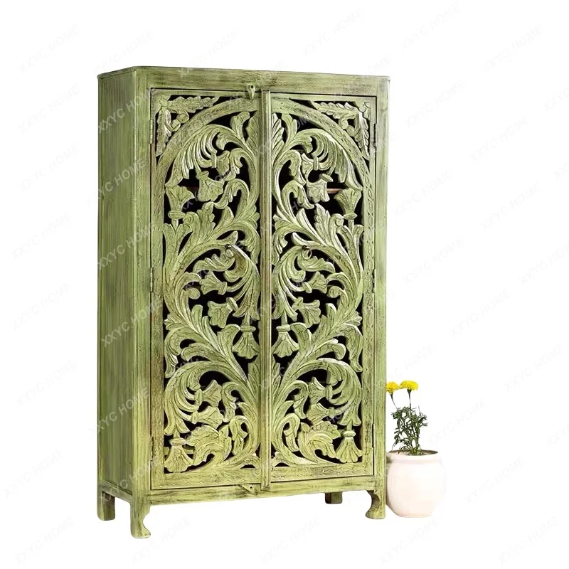 X retro wind solid wood carving flower wardrobe living room dining side cabinet decoration home storage advanced sense