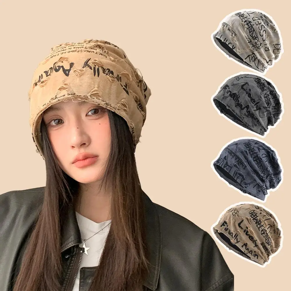 Letter Print Beanie Hats For Women Men Vintage Distressed Cracked Design ​Wasteland Style Spring Summer Warm Fleece-lined Winter