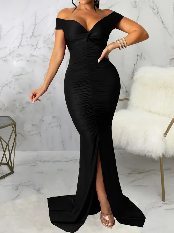 سيدة حورية البحر فستان سهرة حفلة رسمية فستان حفلات خارج الكتف منخفضة قطع الخامس الرقبة عارية الذراعين طيات سليم شق فستان طويل مثير